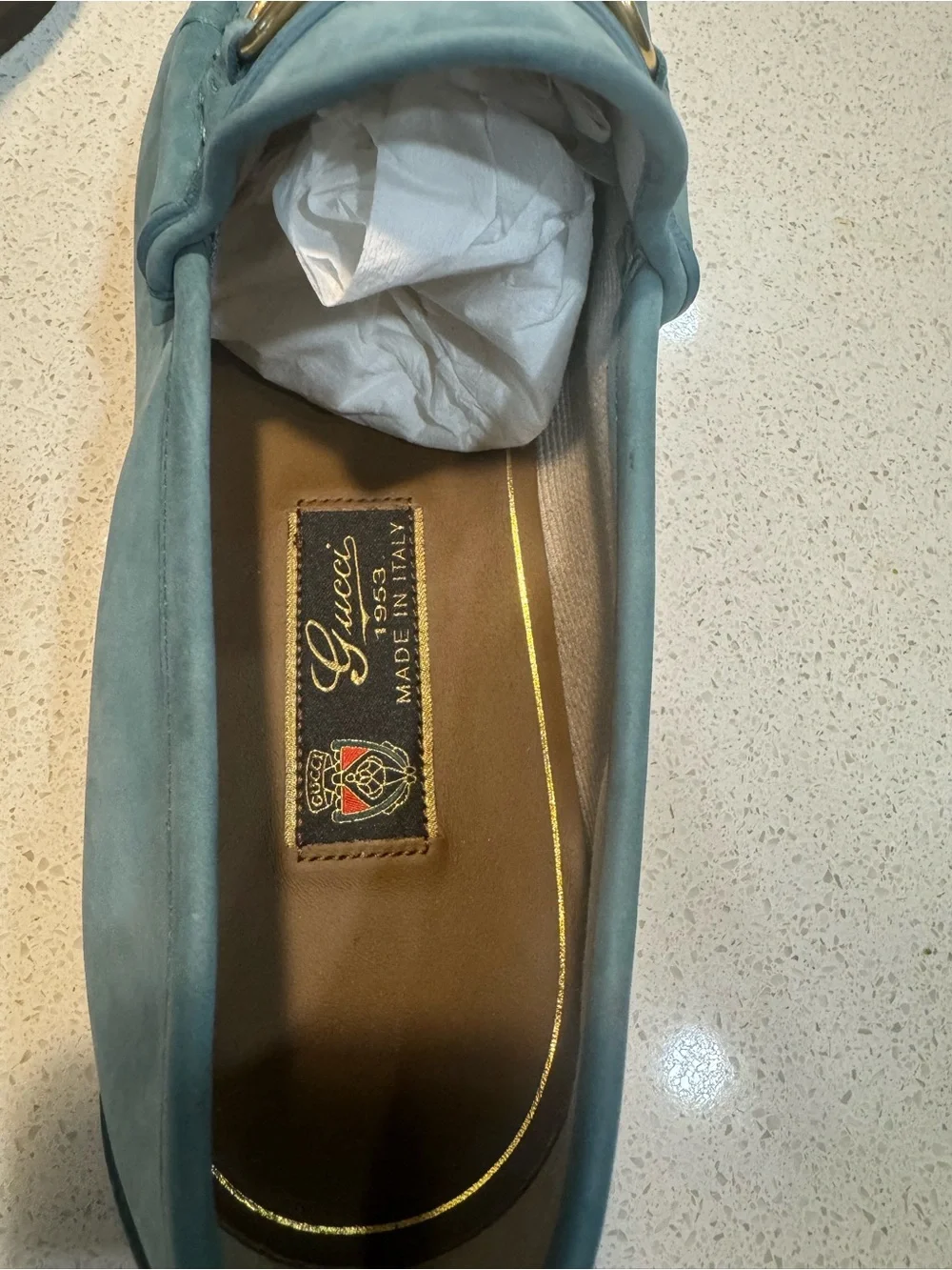 Men's GUCCI '1953 Horsebit' Aqua Blue Suede Loafers 8 1/2